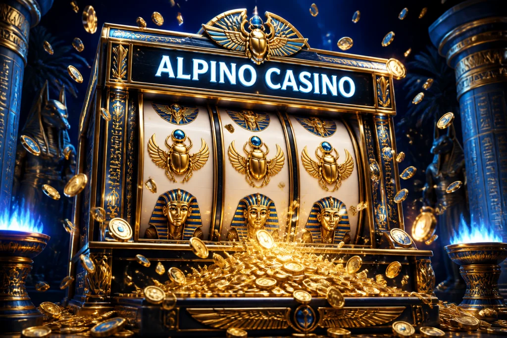 Slot a tema egizio con fontana di monete su una grande vincita, i giri gratis di Alpino Casino