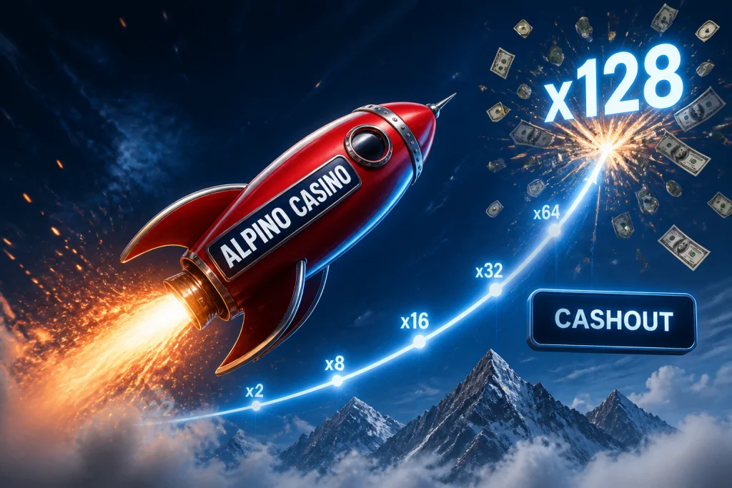 Razzo di Aviator che sale lungo la curva del moltiplicatore con esito casuale su Alpino Casino