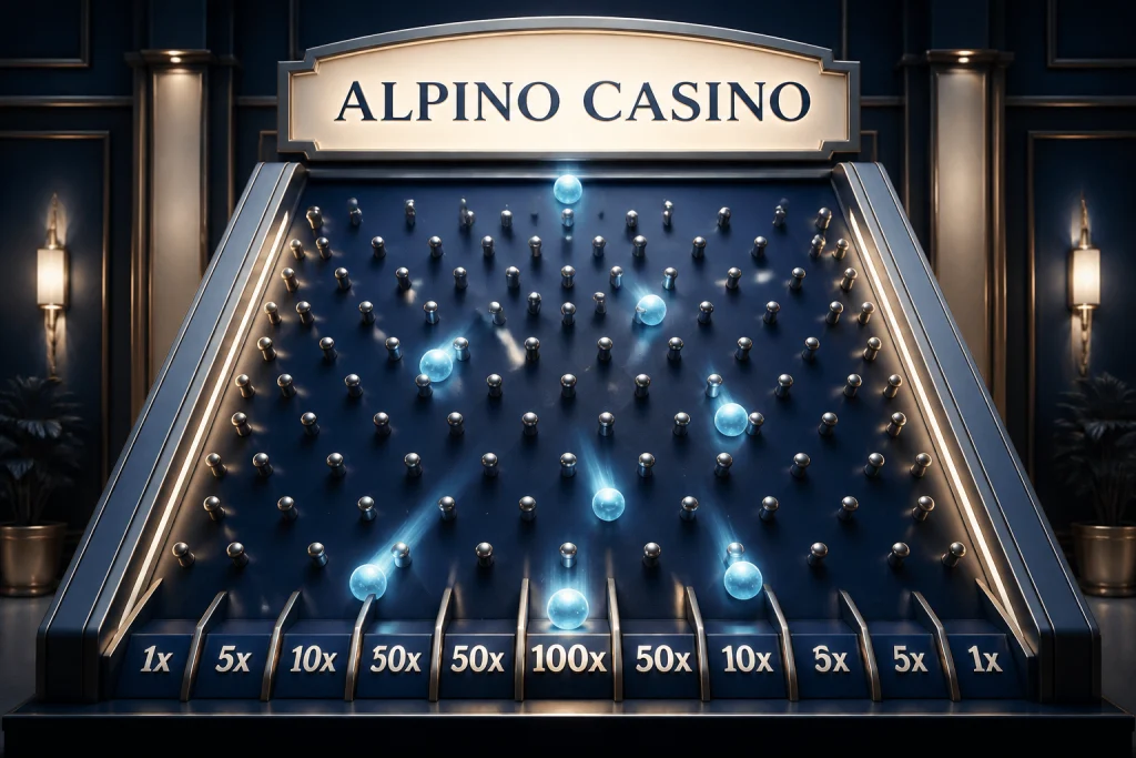 Tabellone Plinko con biglie che cadono verso i moltiplicatori su Alpino Casino