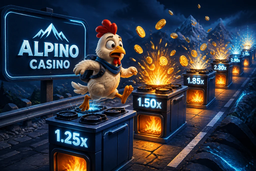 Personaggio di Chicken Road che attraversa la strada con moltiplicatori crescenti sullo schermo mobile di Alpino Casino